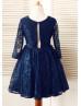 Long Sleeves Navy Blue Lace Slit Back Unique Flower Girl Dress